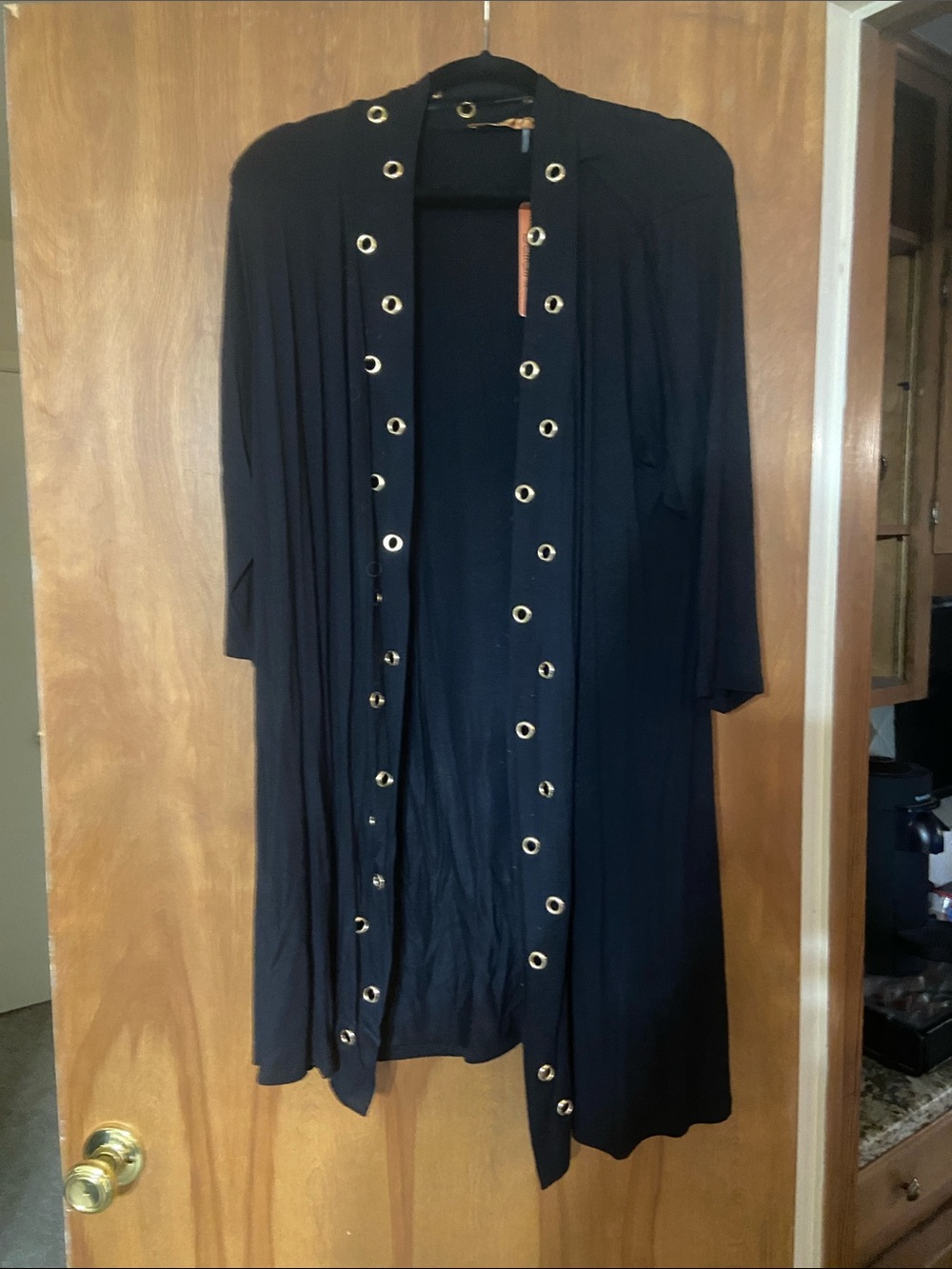 Belldini Black Open Front Cardigan with Gold Eyelet Trim